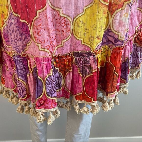 TOLANI COLLECTION Pink Sparkly Boho Tassel Fringe Oversized Poncho Tunic Blouse - Picture 3 of 13